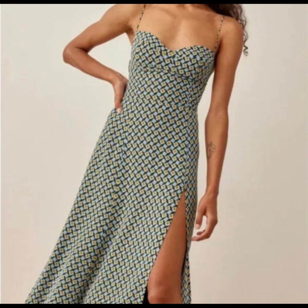 Reformation Blue and Cream Geometric Slip Midi Dress with Thigh Slit